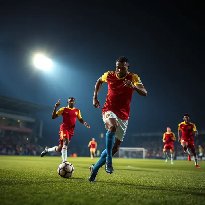 Exciting Africa Cup of Nations soccer match action under stadium lights