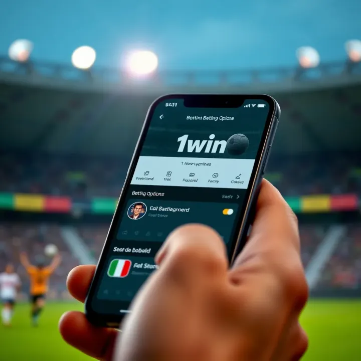 Mobile phone displaying the 1win app interface with betting options and user dashboard