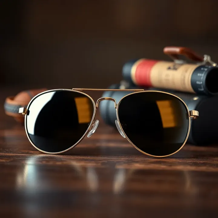 Classic aviator glasses with reflective lenses resting on a wooden surface