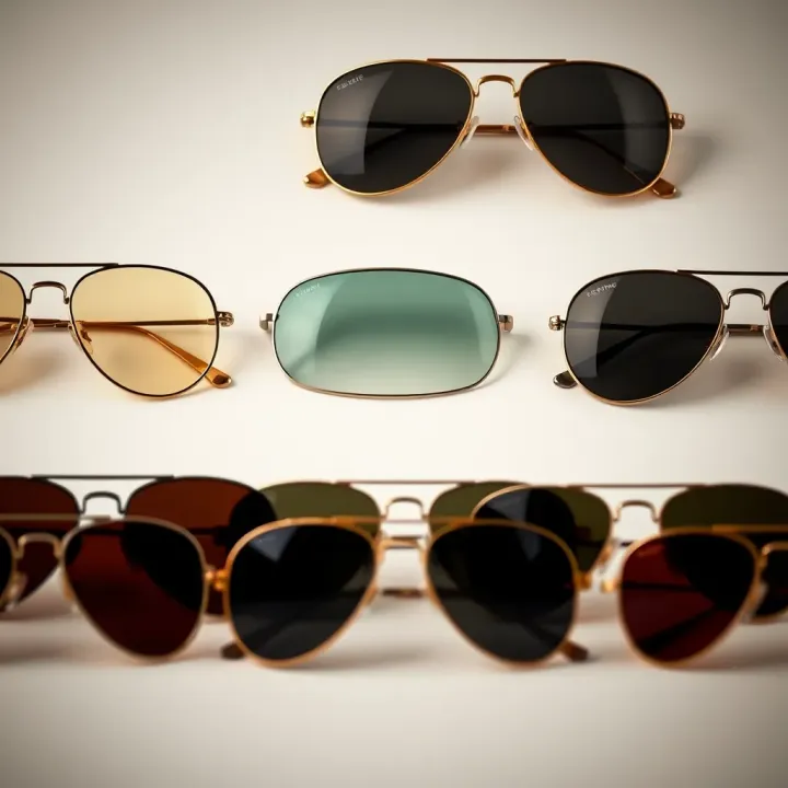 A variety of aviator glasses displayed with different frame colors and lens tints against a neutral background