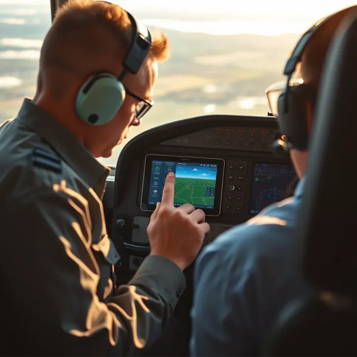 Pilot examining digital flight weather data on tablet during pre-flight briefing