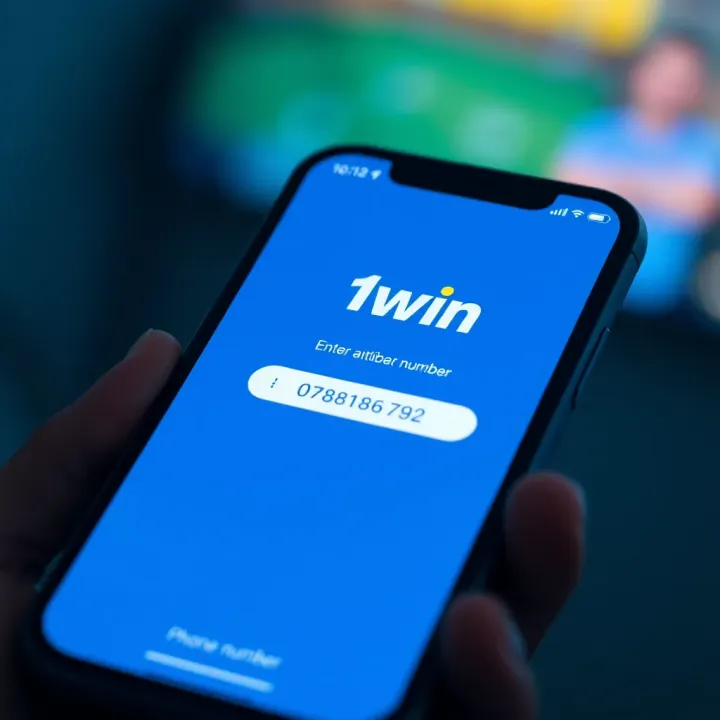 Mobile phone displaying the 1win registration interface with a field for entering a phone number
