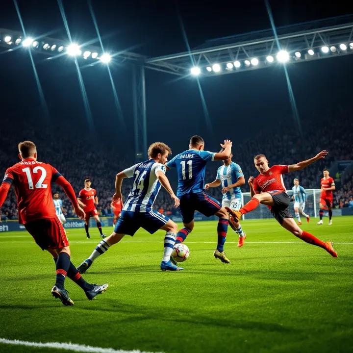 Dynamic Europa League football match with teams competing fiercely on the pitch under bright stadium lights