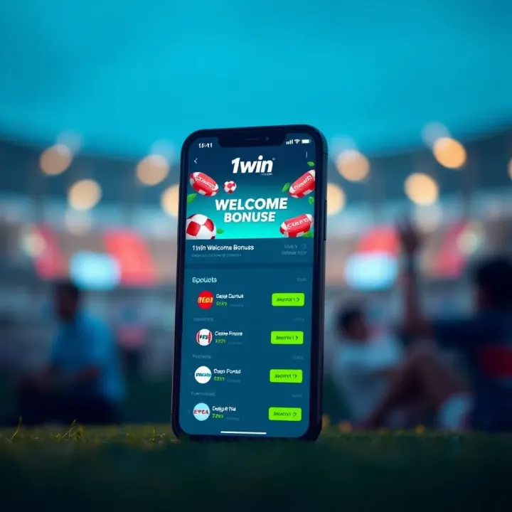 Visual representation of a mobile phone displaying 1win welcome bonuses available during signup