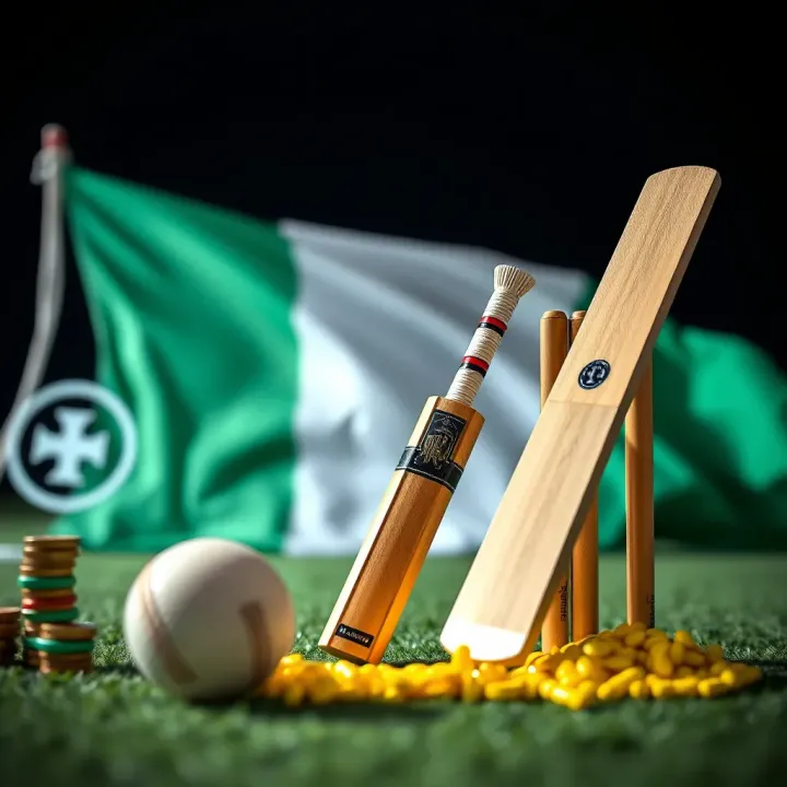 Graphic depicting cricket elements with Nigerian flag colors and betting strategy icons