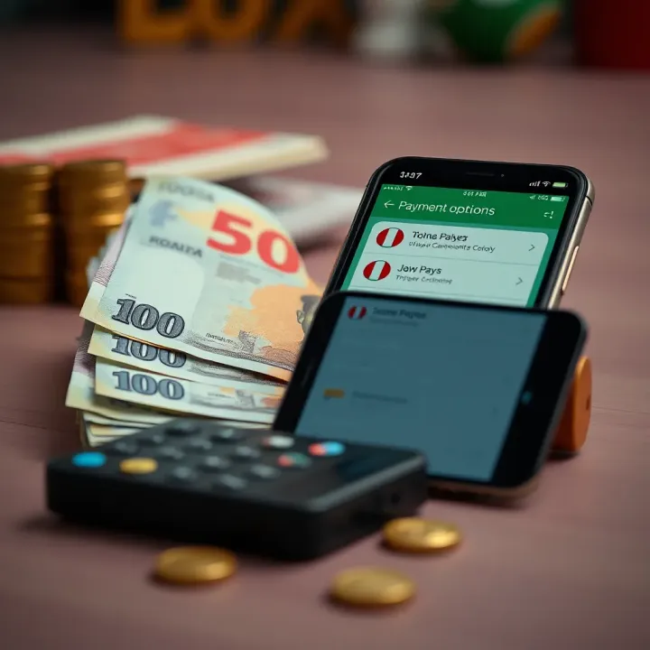 Nigerian currency notes and a smartphone displaying local payment options for online betting