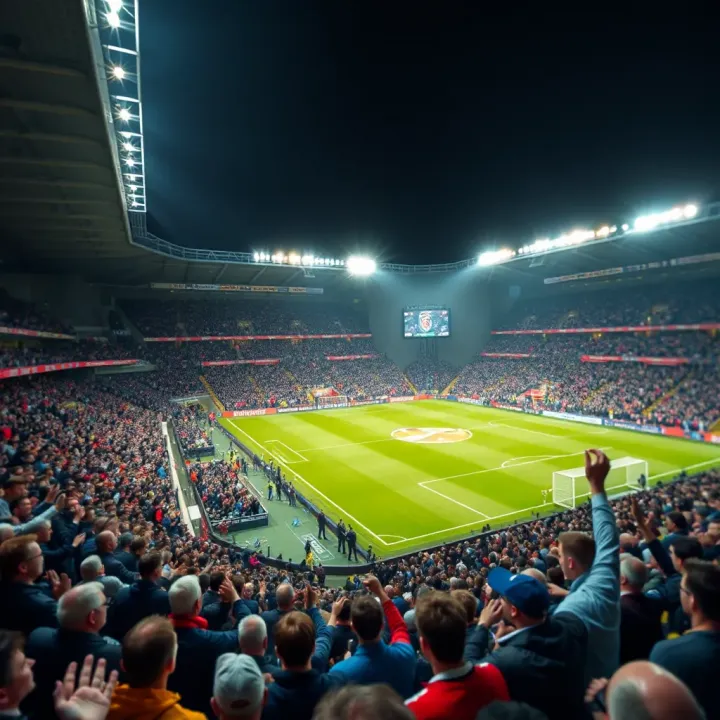 Premier League football stadium filled with cheering fans under bright floodlights