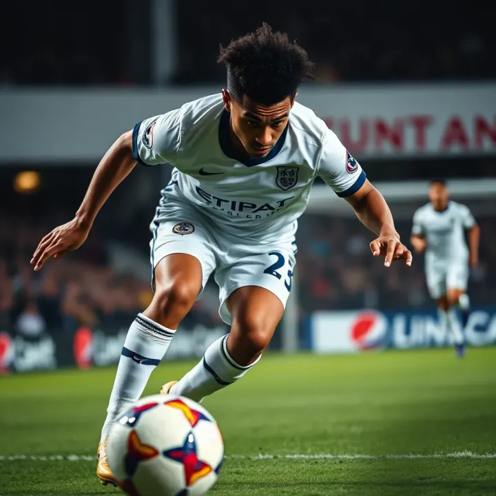 Close-up of a football player dribbling the ball with intense focus during a competitive match