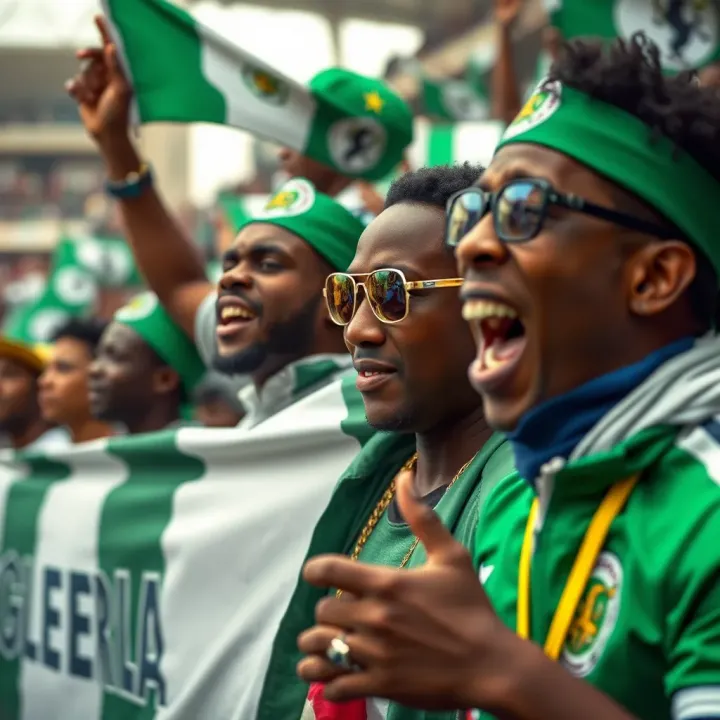 Excited football fans supporting the Super Eagles with banners and flags