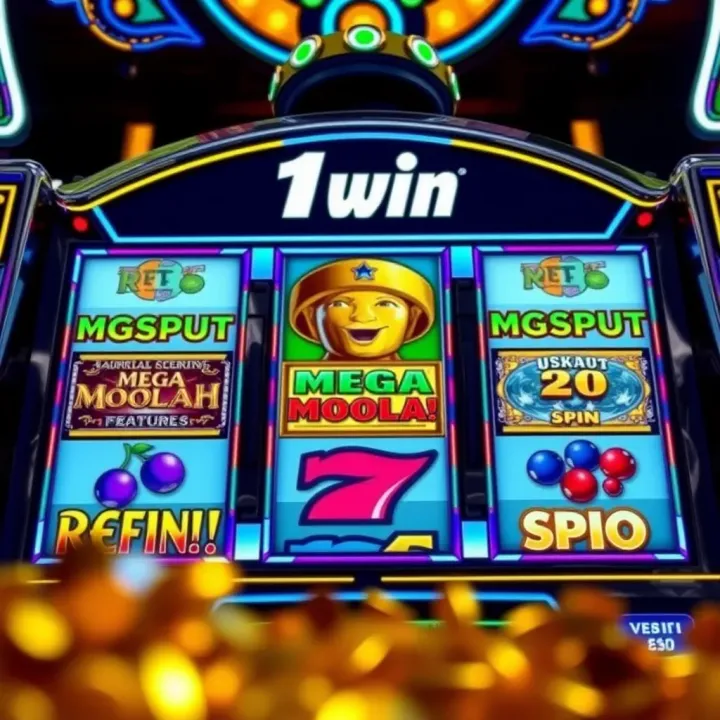 Graphic showing slot machine reels with symbols representing Mega Moolah game features and jackpot