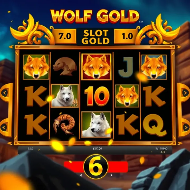 Wolf Gold slot game interface showing reels with desert and wildlife symbols